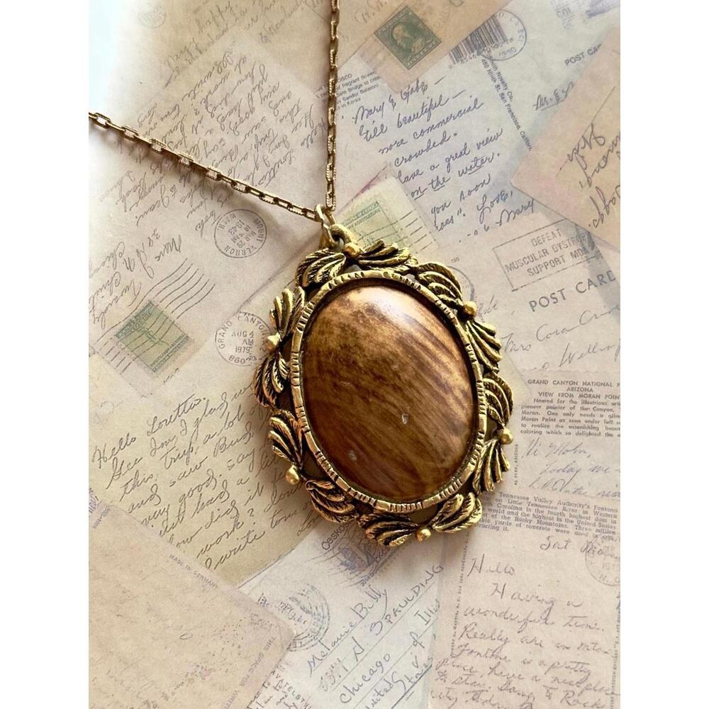 Vintage Wood & Mirror Pendant Necklace Ornate Gold Tone Frame